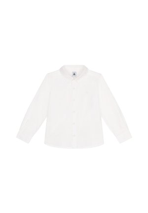 Bijela košulja dugih rukava s dugim rukavima i ovratnikom, s malim logotipom na prsima i glatkom pamučnom teksturom.