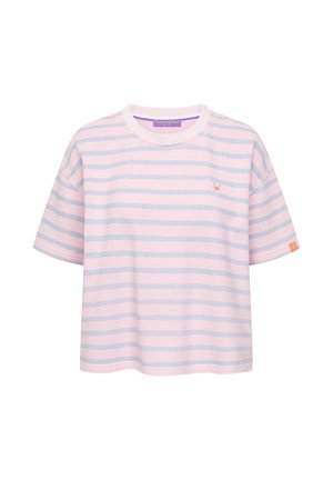 Pink and light gray horizontal striped short-sleeve t-shirt with round neckline and small embroidered logo on the chest.