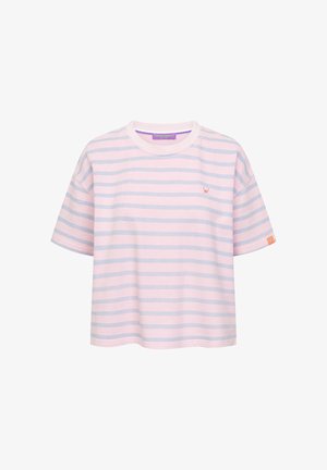 Pink and light gray horizontal striped short-sleeve t-shirt with round neckline and small embroidered logo on the chest.