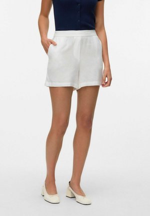 Shorts en lin blancs à coupe décontractée, avec deux poches latérales et une taille plate. Texture lisse, design décontracté et longueur mi-cuisse.