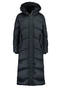 Long black puffer coat with a hood, quilted pattern, two side pockets, and front zipper. Features a smooth, shiny exterior finish.