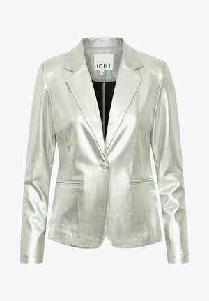 Srebrni metalik sako s reverima, zatvaranje na jedan gumb i dva prednja džepa. Glatka tekstura s uskim dizajnom.