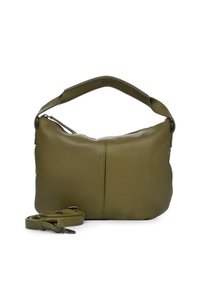 Olijfgroene leren handtas met een gebogen vorm, bovenhandvat, verstelbare schouderriem en ritssluiting. Bevat een subtiel reliëflogo en minimale stiksels.