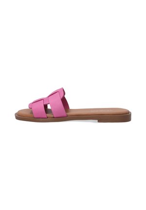 Flat slip-on sandal with a pink synthetic upper, featuring two wide bands and a brown rubber sole. Simple design with smooth texture.