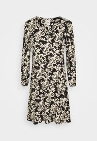 Svart blommig klänning med lång ärm, med krämfärgade blommor, en V-ringning och en utsvängd kjoldesign. Tillverkad av mjukt, lätt tyg.