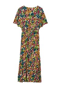 Abito multicolore con maniche corte, vita elastica e gonna a strati. Presenta un vivace motivo astratto in rosa, verde, blu e giallo.