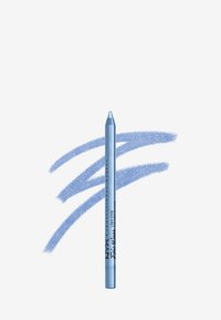 Blå eyelinerpenna med metallisk finish, med en spetsig topp och en mjuk textur, tillsammans med två borstat blå linjer.