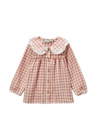 Chemise en vichy rose à manches longues, col avec dentelle, fermeture par boutons et taille froncée. Tissu doux avec un motif à carreaux.