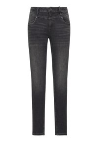 Ciemnoszare dżinsy slim-fit wykonane z denimu, charakteryzujące się klasycznym pięciopocketowym wzorem, szlufkami na pasek oraz subtelnym zmiękczeniem na przodzie.