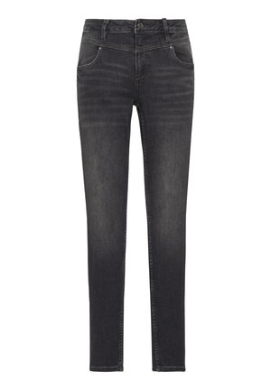 Dunkelgraue Slim-Fit-Jeans aus Denim, mit klassischem Fünf-Taschen-Design, Gürtelschlaufen und dezenten Waschungen an der Vorderseite.