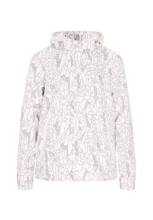 White jacket featuring a black abstract pattern, long sleeves, and a hood, made from a lightweight, smooth material.
