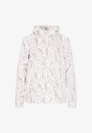 Bílá bunda s černým abstraktním vzorem, dlouhými rukávy a kapucí, vyrobená z lehkého a hladkého materiálu.