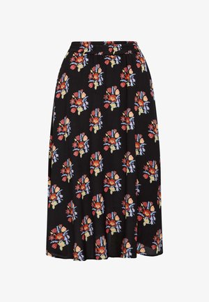 Schwarzer Blumenrock mit elastischem Bund; verfügt über farbenfrohe Blumenmuster in Rot, Gelb und Blau; leichtes Material mit fließendem Design.