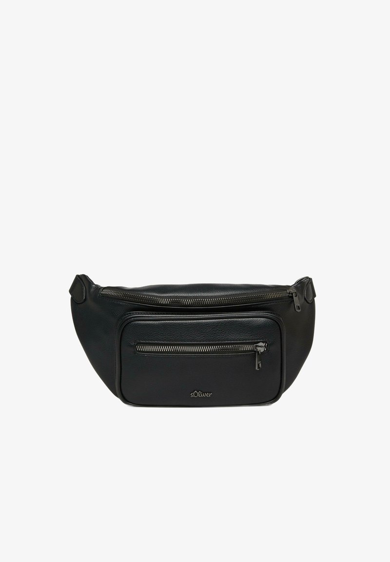 Schwarze Leder Hüfttasche mit glatter Textur, ausgestattet mit einem Reißverschluss-Hauptfach und einer Vordertasche, akzentuiert durch silberne Beschläge.