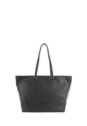 Schwarze Leder-Tote-Bag mit langen Henkeln und geprägtem JOOP! JEANS Logo auf der vorderen Mitte.