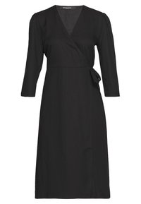 Schwarzes Wickelkleid mit langen Ärmeln, V-Ausschnitt und Bindegurt. Glatte Textur und knielange Passform, geeignet für verschiedene Anlässe.