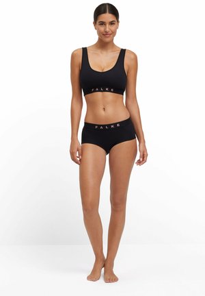 Black bra and high-waisted underwear set made of soft fabric, featuring logo in pink on the band. Simple, seamless design.