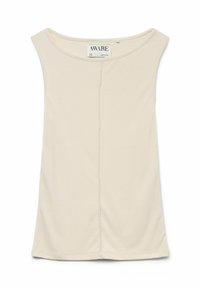 Beżowy top bez rękawów wykonany z elastycznego materiału, z okrągłym dekoltem i centralnym szwem z przodu. Gładka faktura, minimalistyczny design.