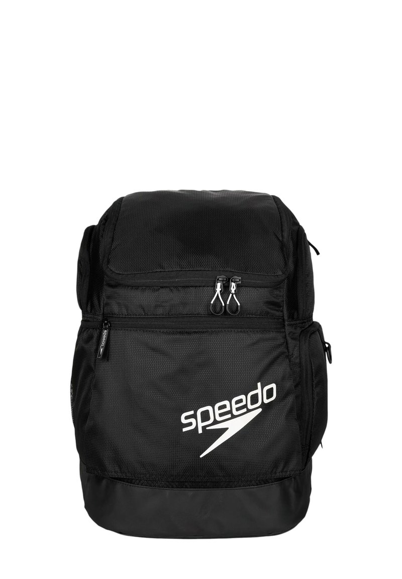 Zaino Speedo nero realizzato in nylon resistente, dotato di un ampio scomparto, tasca frontale con zip, tasche laterali in rete e dettaglio con logo.
