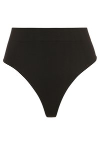 String noir taille haute avec une texture lisse et sans coutures visibles, arborant un design minimaliste et une coupe triangle à l'avant.