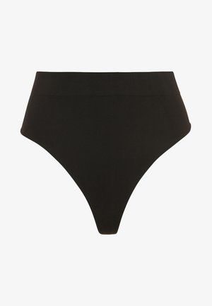 Tanga negro de talle alto con una textura suave y sin costuras visibles, que presenta un diseño minimalista y un corte triangular en la parte delantera.