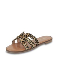 Infradito con stampa leopardata e suola marrone liscia, dotate di due cinturini aperti e dettagli in metallo dorato. Materiale in tessuto testurizzato.