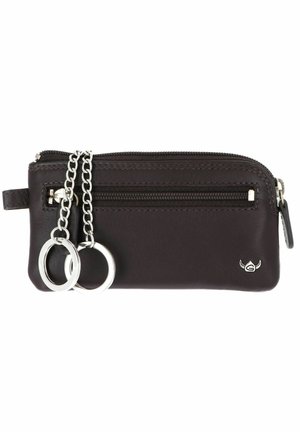 Dark brown leather key pouch with front zipper pocket and two attached silver key rings on chains, featuring a small metal logo on the bottom right.