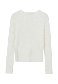 Weißer Kabelstrickpullover mit langen Ärmeln, Rundhalsausschnitt und geripptem Saum. Verfügt über strukturierte Muster im gesamten Stoff.