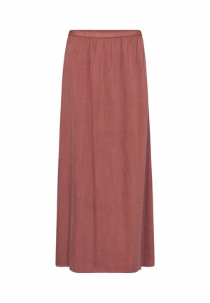 Gonna lunga, dritta, rosa polvere con vita elasticizzata arricciata e texture sottile, mostrata su uno sfondo bianco semplice.