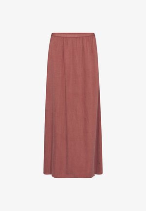 Gonna lunga, dritta, rosa polvere con vita elasticizzata arricciata e texture sottile, mostrata su uno sfondo bianco semplice.