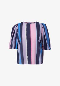 Blusa de manga abullonada con rayas verticales en navy, rosa, lavanda y azul claro. Tela suave con un ajuste relajado y cuello redondo.