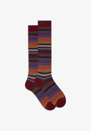 Knee-high socks featuring multicolored stripes and polka dots with a burgundy cuff. Made from a soft, textured fabric.