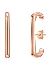 Rozā zeltā veidotas auskari ar gludām, noapaļotām formām. Katram auskaram ir konusveida dizains un ziedu formas kāts.