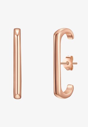 Rozā zeltā veidotas auskari ar gludām, noapaļotām formām. Katram auskaram ir konusveida dizains un ziedu formas kāts.