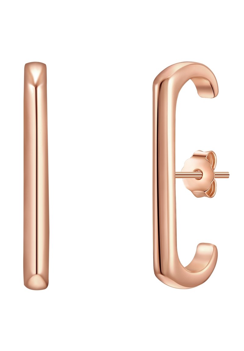 Rozā zeltā veidotas auskari ar gludām, noapaļotām formām. Katram auskaram ir konusveida dizains un ziedu formas kāts.