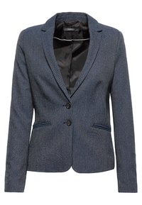 Modrý strukturovaný blejzr se dvěma knoflíky, klopovým límcem a dvěma předními kapsami. Černá saténová podšívka přidává kontrast k vnitřnímu prostoru.