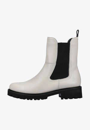 Bottine en cuir blanc avec un panneau latéral en élastique noir, bout arrondi et semelle en caoutchouc noir texturé avec un motif à relief pour une meilleure adhérence.