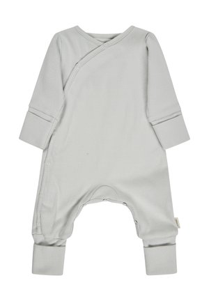Gray ribbed onesie with long sleeves, wrap closure, and snap buttons at the side and bottom. Features cuffs at sleeves and legs. Soft and textured.