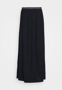 Jupe maxi noire en tissu léger, dotée d'une taille élastique avec un logo imprimé en contraste. S'évase en forme de A.