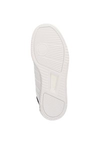 White sneaker outsole with textured pattern, featuring horizontal grooves and a circular logo detail. Durable rubber construction, solid design.