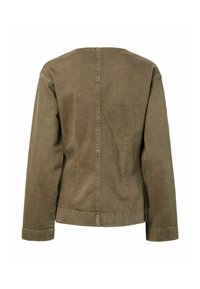 Giubbotto in denim marrone a maniche lunghe con dettagli delle cuciture, mostrato da dietro su uno sfondo bianco.