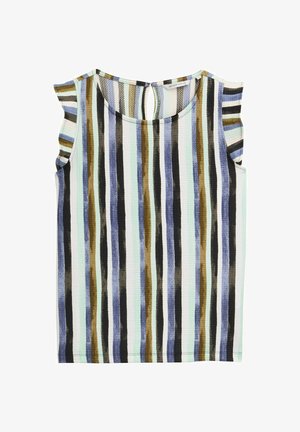 Ärmellös topp med vertikala ränder i blått, svart, olivgrön och ljusgrön. Mjuk tyg med volangdetaljer på axlarna och en nyckelhålskärning i ryggen.