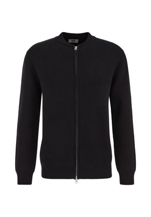 Cardigan negru tricotat cu guler rotund și fermoar pe toată lungimea, cu manșete și tiv nervurate pentru o potrivire structurată.