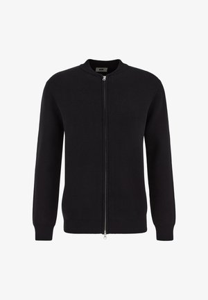 Cardigan negru tricotat cu guler rotund și fermoar pe toată lungimea, cu manșete și tiv nervurate pentru o potrivire structurată.