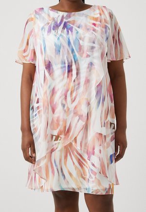Genomskinlig, flerfärgad klänning med ett akvarellmönster och abstrakta linjer. Korta ärmar och rundad halsringning. Lätt, flödande tyg.