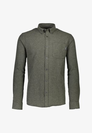 Olijfgroen flanellen shirt met een knoopsluiting kraag, lange mouwen, een borstzak en donkere knopen. Gestructureerde stof met een zachte afwerking.