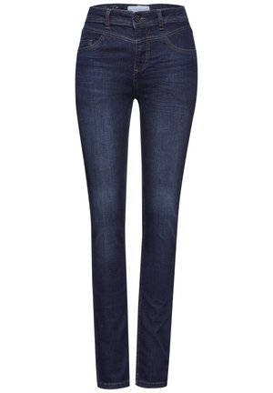 Donkerblauwe slim-fit spijkerbroek met voor- en achterzakken, riemlussen en een knoop- en ritssluiting.