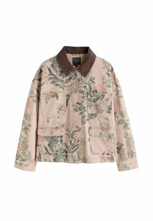 Hellrosa Blumenjacke mit grünen und beigen Blumen, braunem Cordkragen, vorderen Druckknöpfen und vier aufgesetzten Taschen.