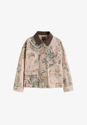 Hellrosa Blumenjacke mit grünen und beigen Blumen, braunem Cordkragen, vorderen Druckknöpfen und vier aufgesetzten Taschen.