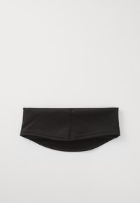 Black sports headband, made of stretchy fabric, designed with a smooth texture and finished edges, featuring a rounded shape.